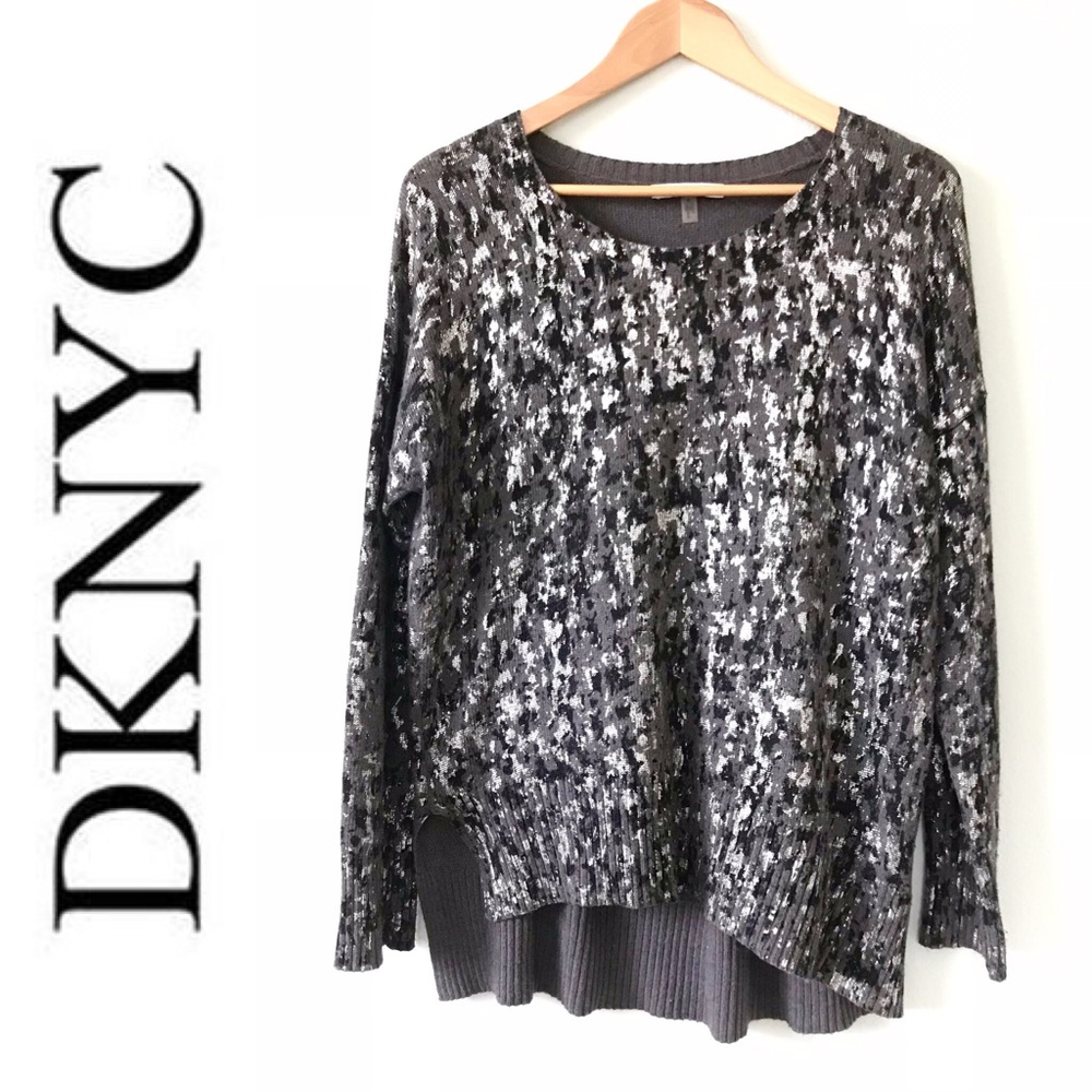 DKNYC Gray Black Metallic Silver Sweater Hi/Lo Hem
